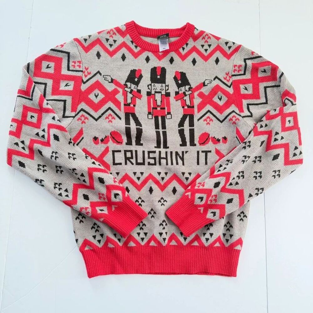 Fifth Sun Crushin It Nutcracker Christmas Sweater Red Gray Black Holiday Medium